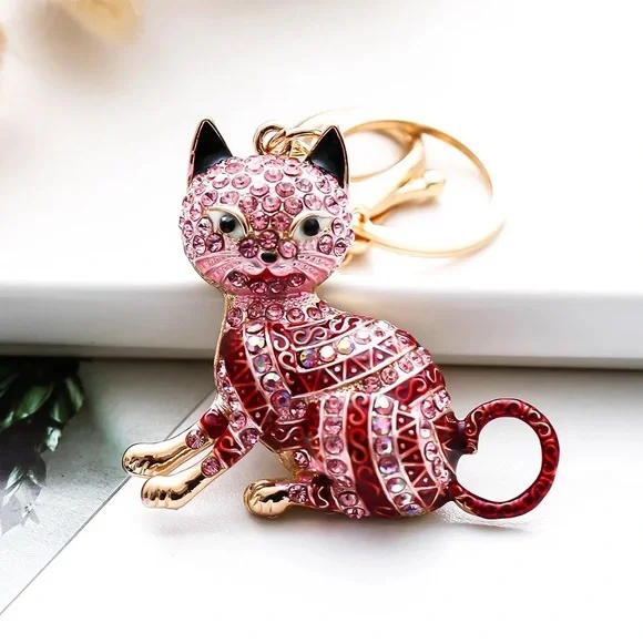 Pink Striped Crystal Egyptian Tabby Cat Keychain Charm - Picture 1 of 16